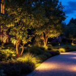A photograph of a beautifully illuminated outdoor space at dusk