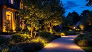 A photograph of a beautifully illuminated outdoor space at dusk
