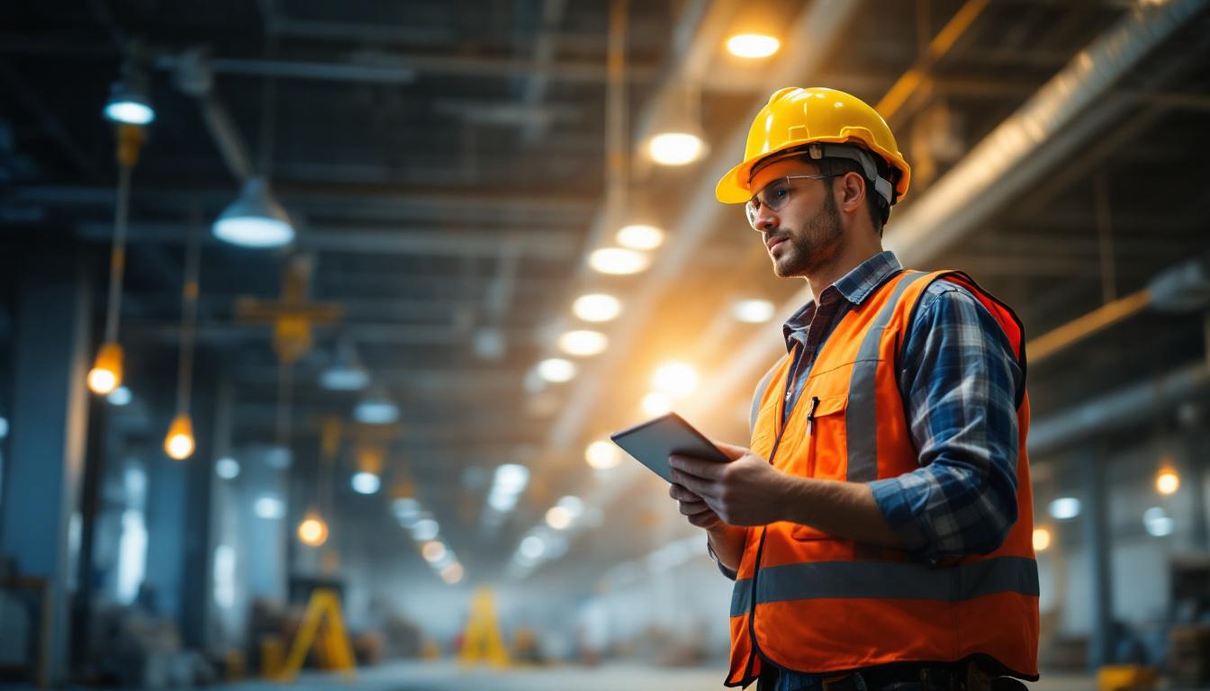 A photograph of a lighting contractor at work