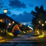 A photograph of a beautifully lit outdoor space featuring various solar lights in use