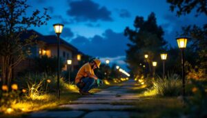 A photograph of a beautifully lit outdoor space featuring various solar lights in use