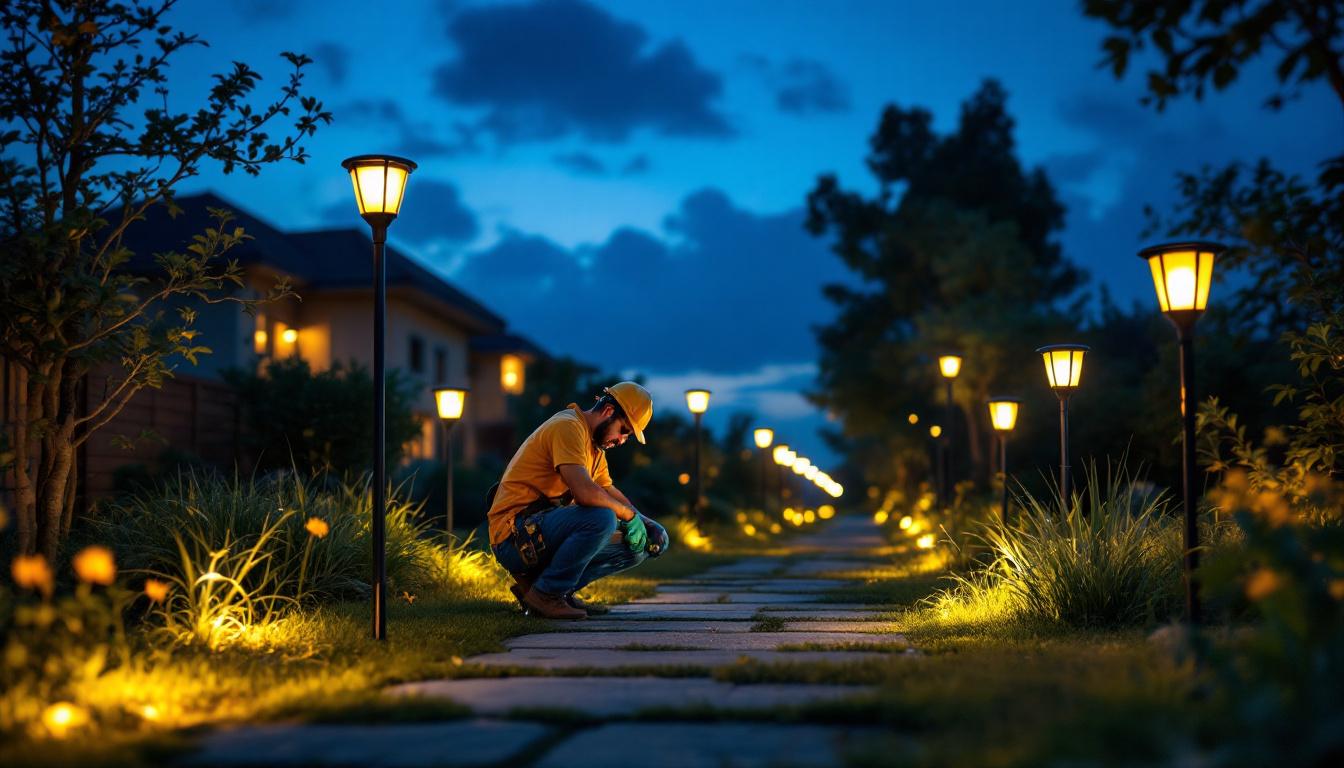 A photograph of a beautifully lit outdoor space featuring various solar lights in use