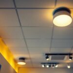 A photograph of a well-lit drop ceiling installation showcasing various ceiling light fixtures
