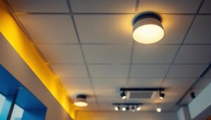 A photograph of a well-lit drop ceiling installation showcasing various ceiling light fixtures