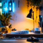 A photograph of a well-lit workspace featuring a variety of led strip lights in different colors and lengths