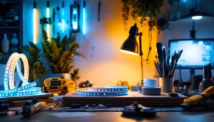 A photograph of a well-lit workspace featuring a variety of led strip lights in different colors and lengths