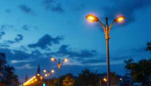A photograph of a well-lit street scene featuring modern pole street lights illuminating a bustling urban environment at dusk