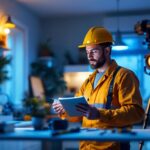 A photograph of a lighting contractor carefully inspecting a well-lit residential space