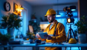 A photograph of a lighting contractor carefully inspecting a well-lit residential space