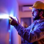 A photograph of a skilled lighting contractor installing a vibrant 2-foot led strip light in a modern interior space