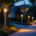 A photograph of a well-lit outdoor scene showcasing various styles of bollard lights installed in a landscaped area