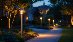 A photograph of a well-lit outdoor scene showcasing various styles of bollard lights installed in a landscaped area