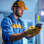 A photograph of a lighting contractor installing a light movement detector in a residential or commercial setting