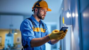 A photograph of a lighting contractor installing a light movement detector in a residential or commercial setting