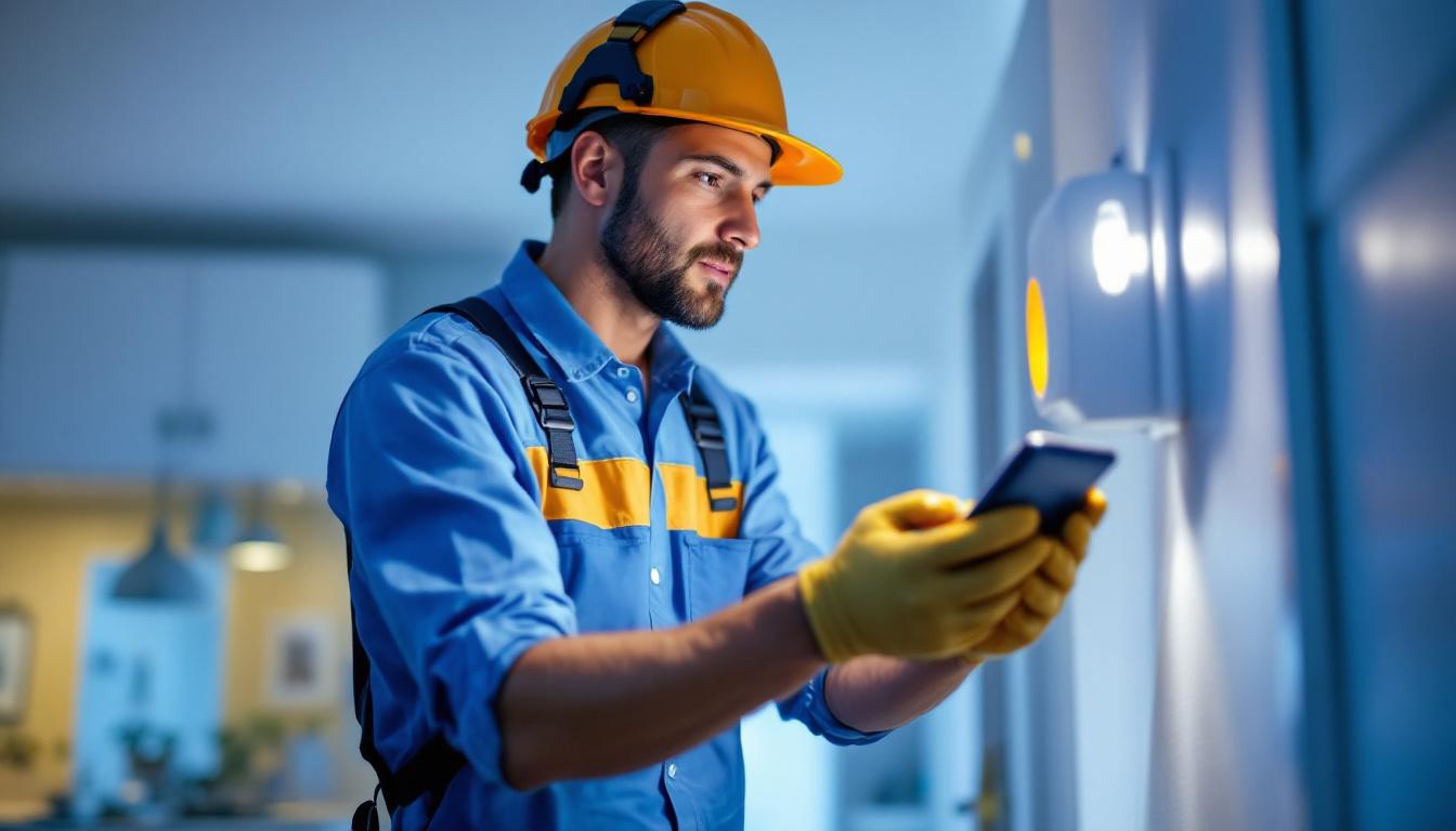 A photograph of a lighting contractor installing a light movement detector in a residential or commercial setting