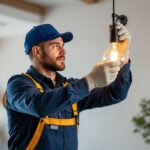 A photograph of a professional lighting contractor installing a stylish hanging lamp bracket in a modern home setting