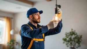 A photograph of a professional lighting contractor installing a stylish hanging lamp bracket in a modern home setting