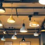 A photograph of a well-lit drop ceiling installation showcasing various modern light fixtures