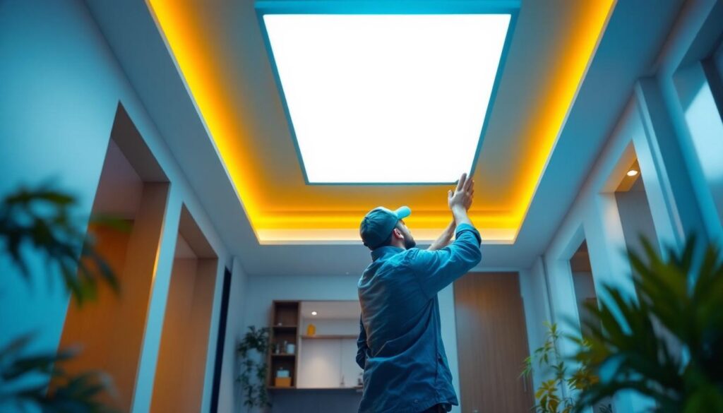 A photograph of a well-lit room featuring a sleek 2x4 ceiling light panel installation