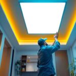 A photograph of a well-lit room featuring a sleek 2x4 ceiling light panel installation