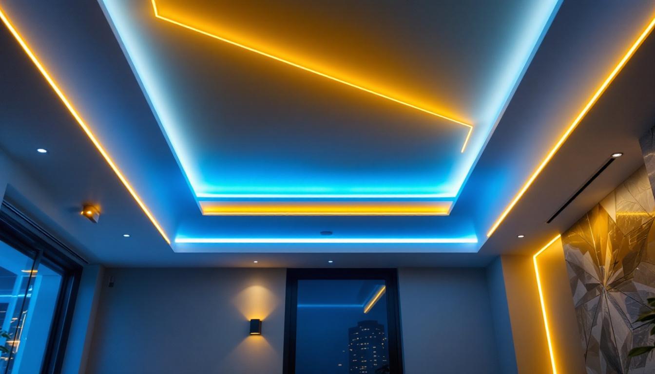 A photograph of a beautifully designed ceiling featuring flush-mounted led strip lights