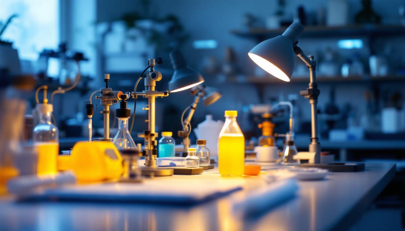 A photograph of a well-lit laboratory setting featuring various types of laboratory lamps in use