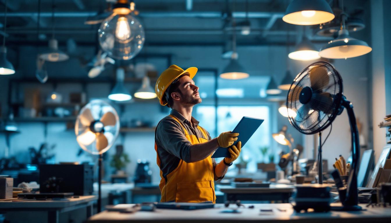 A photograph of a lighting contractor in a well-lit workspace