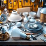 A photograph of a well-organized assortment of ceiling fan lamp parts