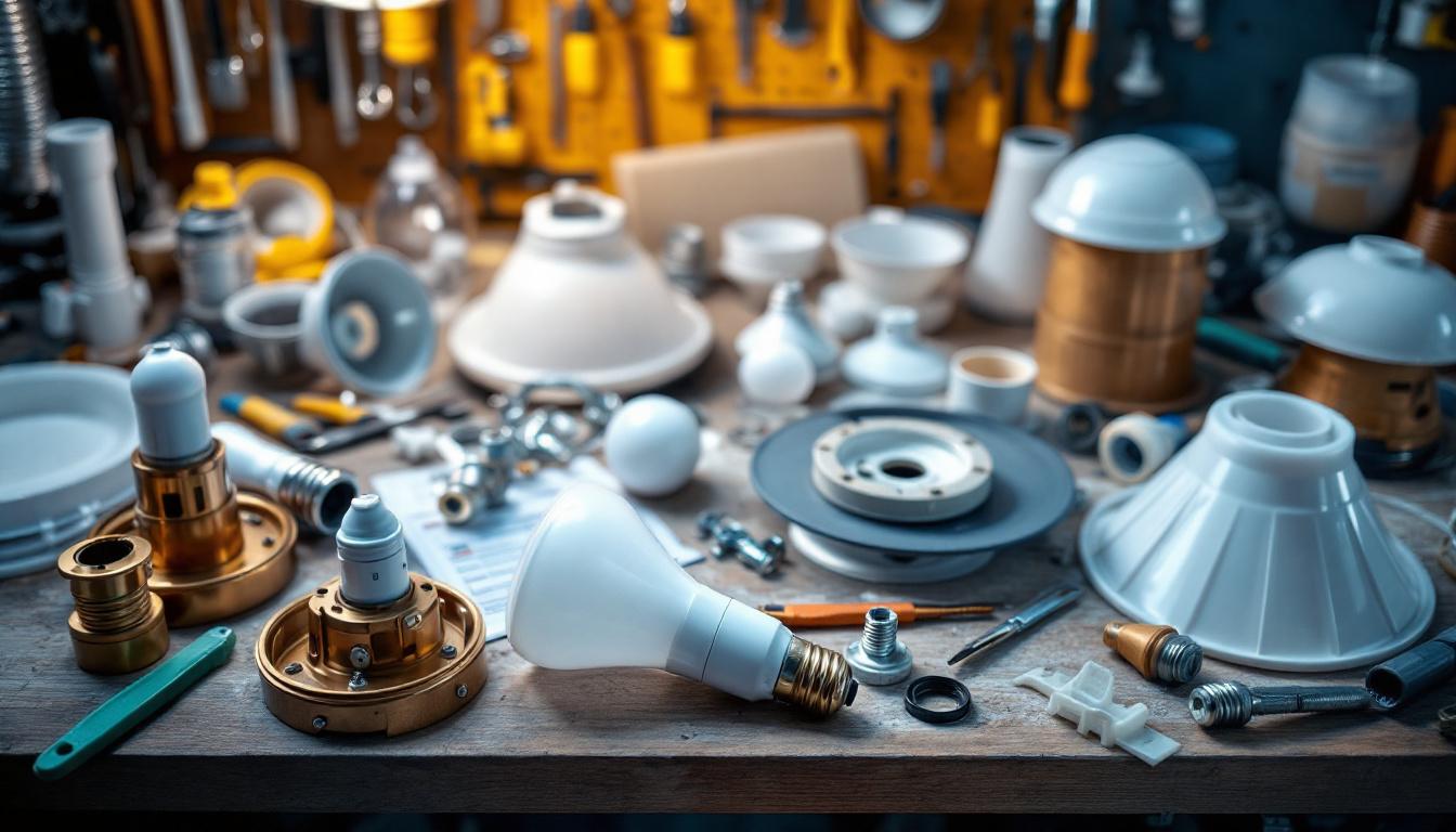 A photograph of a well-organized assortment of ceiling fan lamp parts