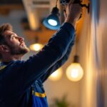 A photograph of a lighting contractor expertly adjusting or installing diverse lighting fixtures in a modern space