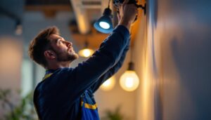 A photograph of a lighting contractor expertly adjusting or installing diverse lighting fixtures in a modern space