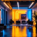A photograph of a well-lit interior space featuring various linear led lighting fixtures in use