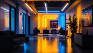 A photograph of a well-lit interior space featuring various linear led lighting fixtures in use
