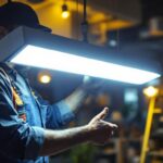 A photograph of a professional lighting contractor installing or showcasing an 8-foot led light in a commercial or residential setting