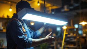 A photograph of a professional lighting contractor installing or showcasing an 8-foot led light in a commercial or residential setting
