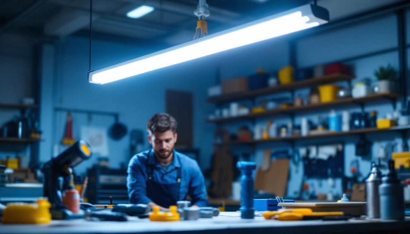 A photograph of a well-lit workshop or garage showcasing a 4-foot fluorescent shop light in use