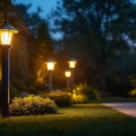 A photograph of a well-lit outdoor space featuring various styles of large post lights in use