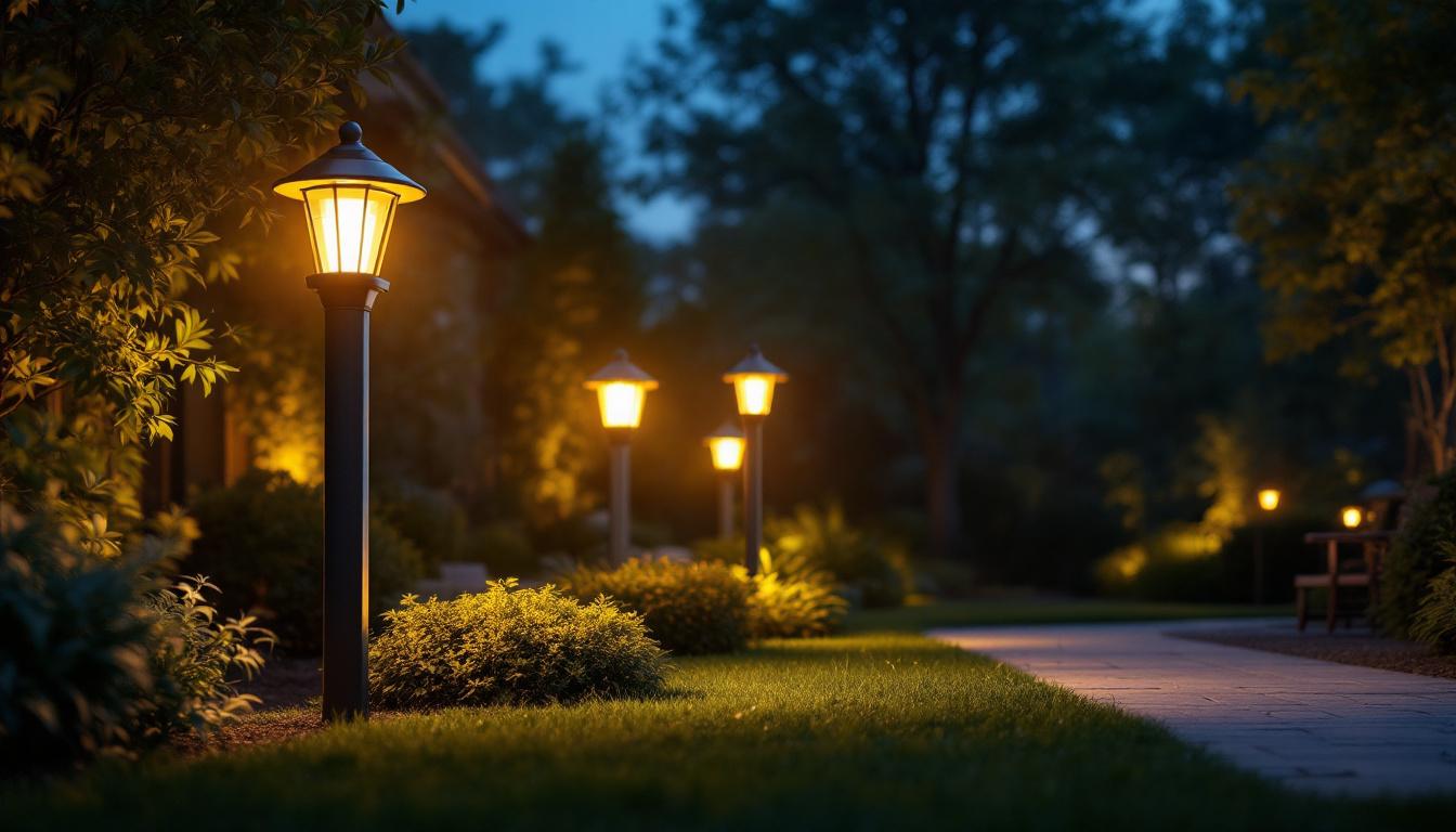 A photograph of a well-lit outdoor space featuring various styles of large post lights in use