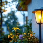 A photograph of a beautifully designed tombstone light fitting installed in a serene outdoor setting