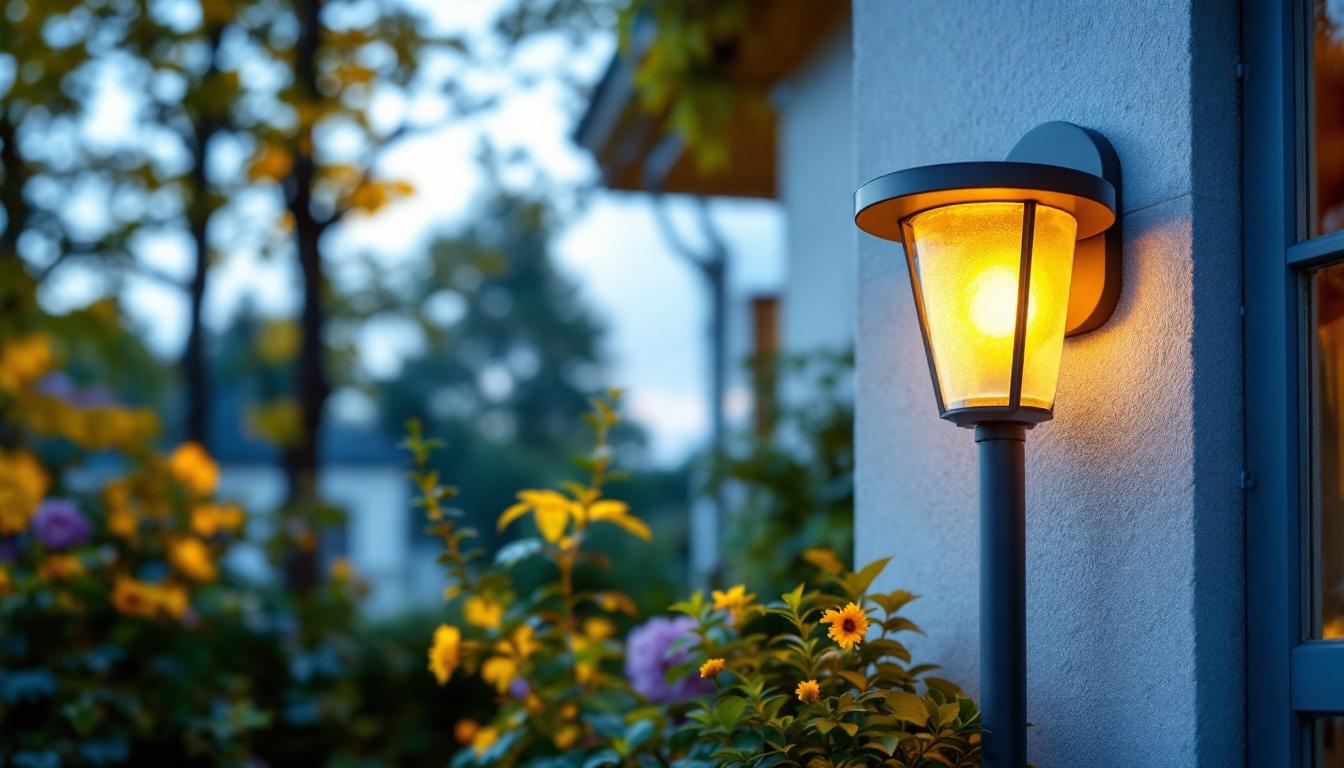 A photograph of a beautifully designed tombstone light fitting installed in a serene outdoor setting