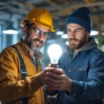 A photograph of a lighting contractor inspecting a high-quality