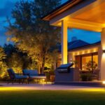 A photograph of a beautifully illuminated outdoor space at dusk