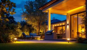 A photograph of a beautifully illuminated outdoor space at dusk