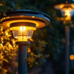 A photograph of a beautifully designed solar-powered lamp post in a well-lit outdoor setting