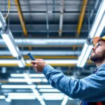 A photograph of a lighting contractor installing or inspecting t5 led light fixtures in a commercial or industrial setting