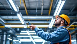 A photograph of a lighting contractor installing or inspecting t5 led light fixtures in a commercial or industrial setting