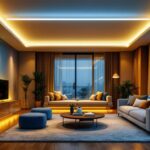A photograph of a beautifully illuminated room featuring led ceiling strip lights