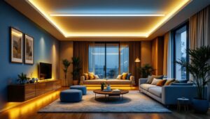 A photograph of a beautifully illuminated room featuring led ceiling strip lights