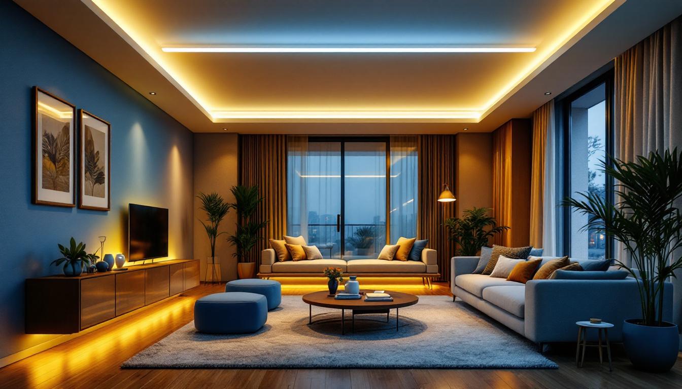 A photograph of a beautifully illuminated room featuring led ceiling strip lights