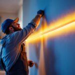 A photograph of a lighting contractor expertly installing a 3ft led strip light in a stylish interior setting